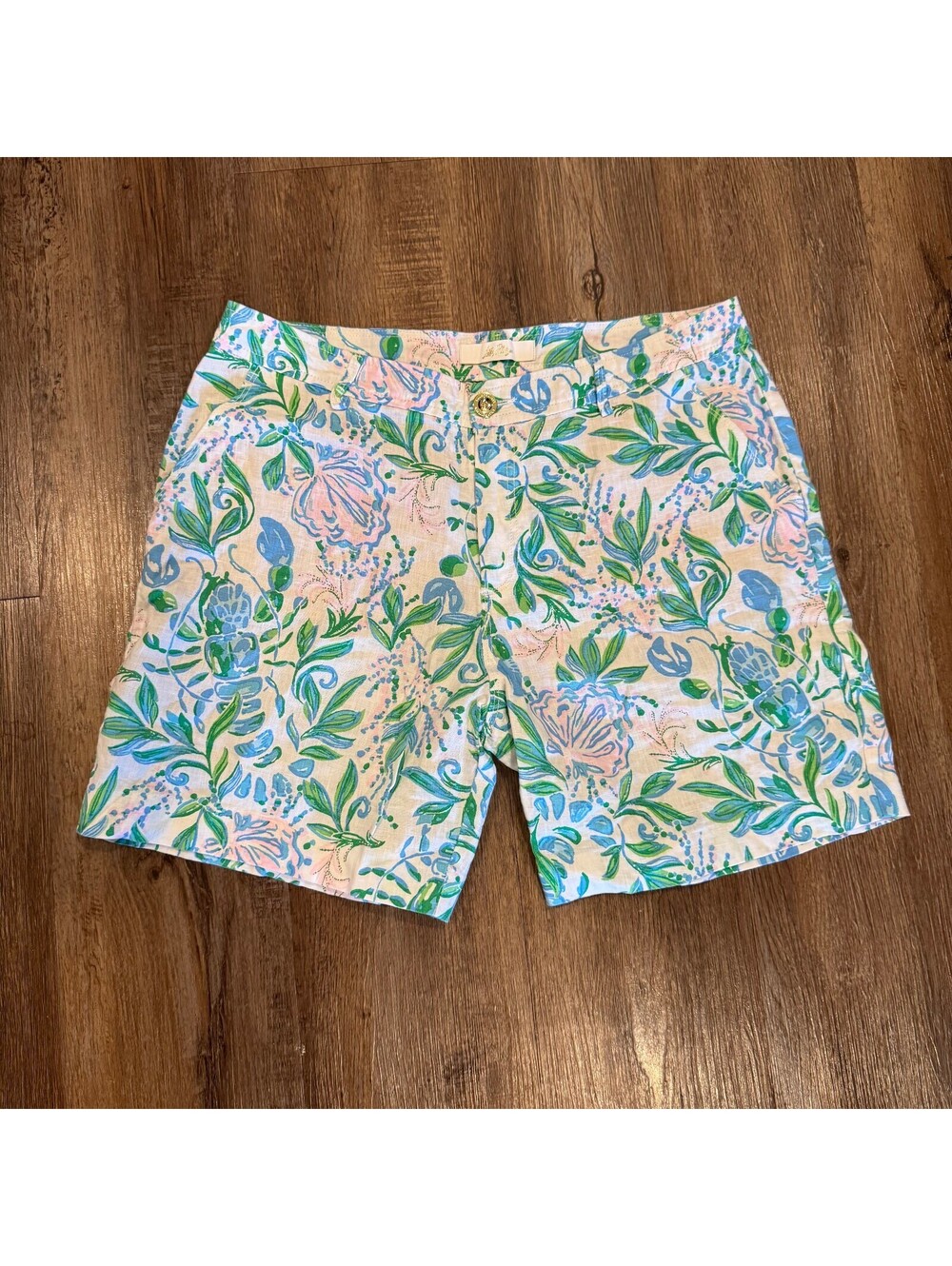 Lilly Pulitzer Women's Floral 100% Linen Blue Green Pink Resort Shorts Size 12